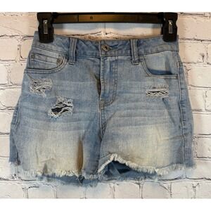 True Craft Denim Shorts Size 1 Juniors‎ Light Wash Ripped Distressed Raw Hem